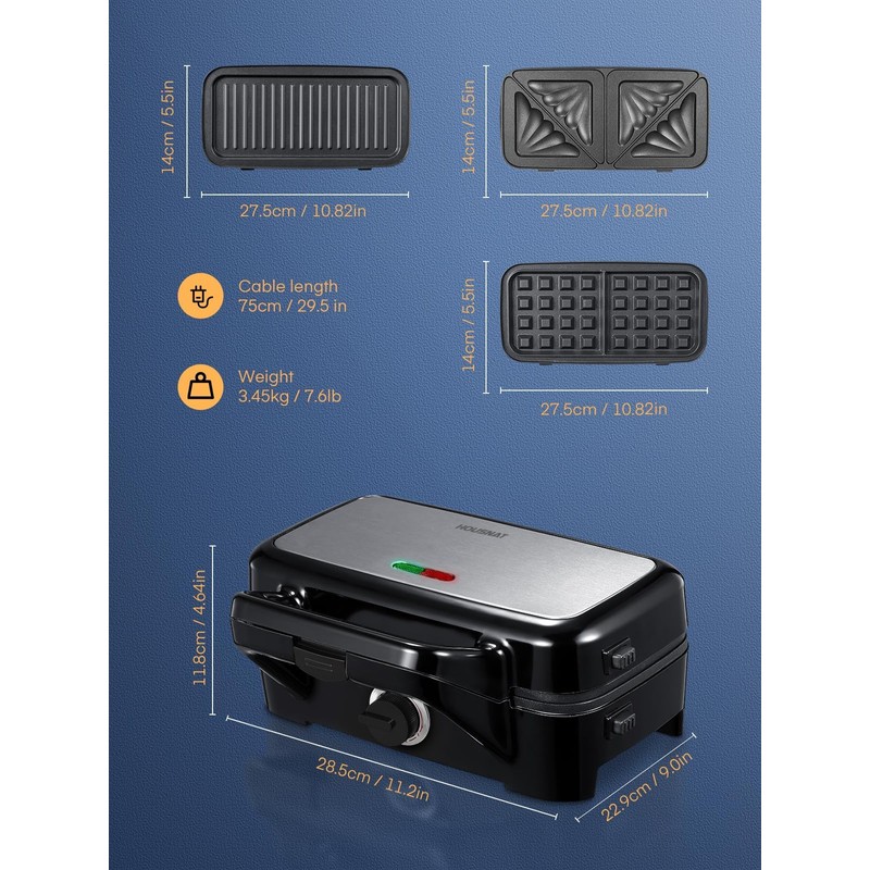 HOUSNAT Sandwich Maker, 3 in 1 Waffle Maker with Removable