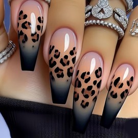 Leopard Print Press on Nails Long Fake Nails Coffin Shaped French Tip Acrylic Nail Black Gradient Glue on Nails False Nails with Gloss Designs Full Cover Stick on Nail for Women Manicure 24Pcs