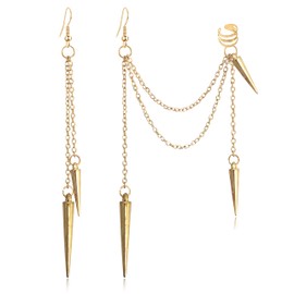 ANDPAI Unique Lightweight Black Silver Punk Long Tassel Chain Ear Cuff Earrings 316L Stainless Steel Vintage Barrel Nails Crawler Climer Dangle Drop Stud Earrings for Men Women Unisex (Gold 5)