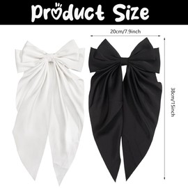 6PCS Hair Bows for Women, Black and White Large French Barrette Bow Silky Satin Bow Hair Clips Silk Ribbon Bowknot Hair Clips with Long Tail for Girls Party Wedding