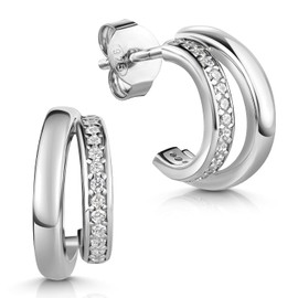 MATERIA by Matthias Wagner SO-496 Women's Earrings Silver 925 Half Hoop Earrings with Zirconia Stud, Cubic Zirconia