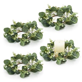 Bacucine Candle Wreath Eucalyptus Set of 4 Candle Garland Candle Ring Centerpiece Artificial Flower Ring Figurine Door Decoration Desktop Birthday Wedding Gift