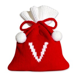 Blinket Christmas Knit Drawstring Gift Bag Xmas Red and White Santa Sack with Alphabet Letter Design Reusable Wrapping Bag for Xmas Candy Goodie Party Favor 6.5 x 5.1 Inch Letter V