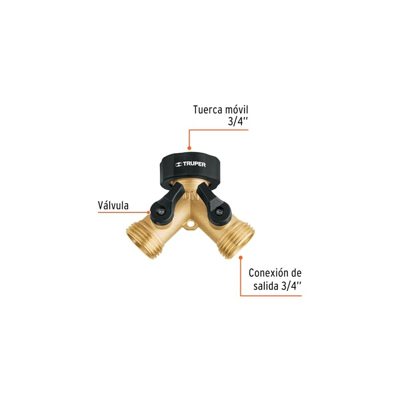 Truper AD-2X, Conector "Y" fundido en latón, válvula de cierre