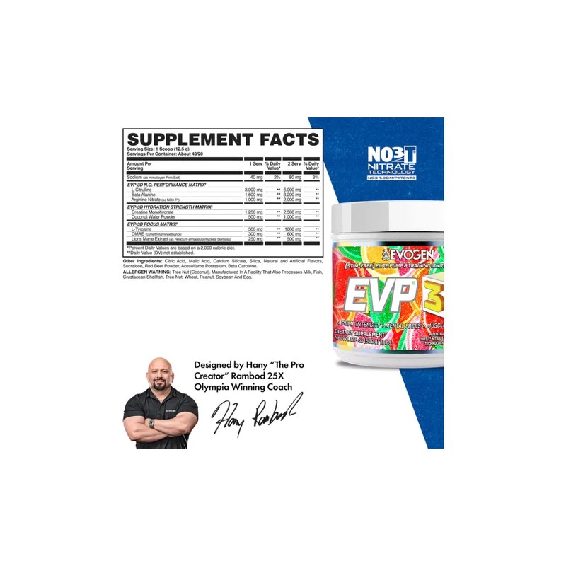 Preentreno Evogen EVP 3D Citrus Candy 500g Sin Gluten Deportivo