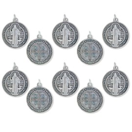 Caritas et Fides - Paquete de 10 medallas de San Benito - Medallas de San Benito oxidadas de plata de 1 1/4 pulgadas para collar, medallas para joyería católica, fabricadas en Italia, Plata, No es una