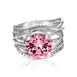 925 Sterling Silver Ring with Round Cubic Zirconia - Prong Vintage Design Statement Ring - Hypoallergenic, Nickel & Lead-free - Artisan Handcrafted Designer Collection - Made In Israel - Pink