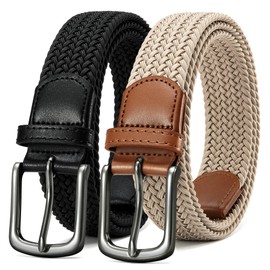 CHAOREN Mens Belt 2Pack - Mens Stretchable Braided Woven Golf Belt 1 3/8"- Elastic Canvas Fit Casual Jeans Pants