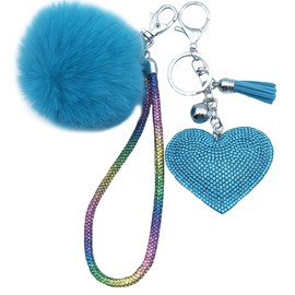 Xsclpomddy Heart Keychain Sparkly Rhinestone Love Keyrings Crystal Tassel and Wrist Lanyard with Fur Ball pom pom Key Rings,blue
