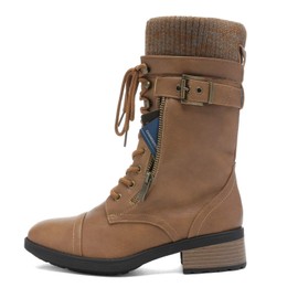 DREAM PAIRS Women's Winter Lace up Mid Calf Combat Riding Military Boots,Size 9,Camel