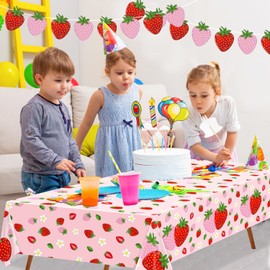 TJYJOY 4 Pack Berry First Birthday Decor Fruit Tablecloth Berry Sweet One Disposable Table Cloth Strawberry Banner for Girls Strawberry Themed Party Baby Shower Fruit Party Hanging Supplies