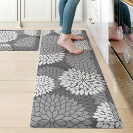 KIMODE Anti Fatigue Cushioned Kitchen Floor Mats,Floral Kitchen Rugs Sets of 2 Non Slip,Waterproof Ergonomic Memory Foam Kitchen Rug Carpet for Laundry Sink Office Home,Grey