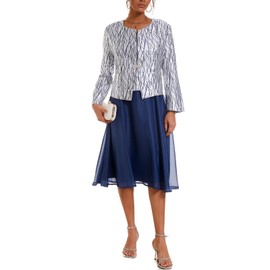 Women's 2 Piece Dress Church Suits with Jacquard Embroidery Mother Gifts Special Occasion Wedding Party Formal Evening Dresses Blue