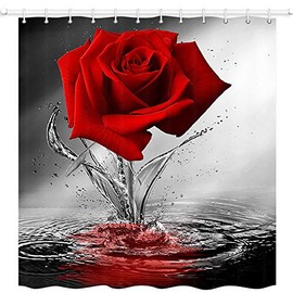 JAWO Rose Shower Curtain, Romantic Floral Blossom Red Rose Reflection on Water, Fabric Bath Curtain with 12Hooks, Black and Red Bathroom Curtain, Machine Washable, 69x70 Inch