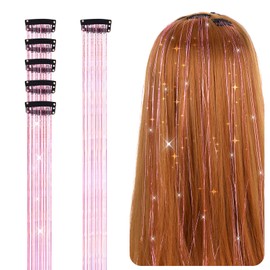6 Stück Glitzer Haarsträhnen Lametta, 50,8 cm Haarschnüre Tinsel Hair Extensions Glitter Girls Zubehör Party Highlights Hair Tinsel Haarsträhnen Zum Einflechten Haarteil mit Klammer (Rosa)