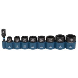 Makita E-16639 Impact Socket Set 3/8 Inch 9-Piece SW8 - SW18 with Adaptor 50 mm 1/4 Inch Hex to 3/8 Inch Square, Chrome-Molybdenum, Impact Sockets 28 mm Long