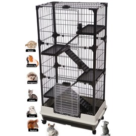 Deluxe and Spacious 5-Level Indoor Outdoor Ferret Chinchilla Guinea Pig Cage Rabbit Hutch Paw Safe Solid Platform Ramp Mesh Floor Leakproof Tray Large Access Doors (Black, 27"L x 18"W x 53"H, 5-Level)