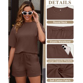 CheChury Womens Co ord Sets 2 Piece Cotton Crew Neck Solid Color T-Shirt and Shorts with two Pockets Short Outfit Tracksuits Loungewear Sets for Women UK,Brown,XXL
