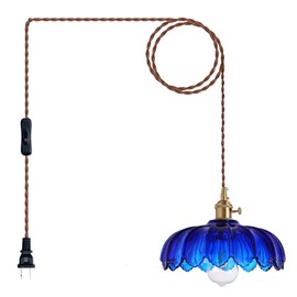 XZHGCEE Plug in Pendant Light: Hanging Light Plug in Fixture Bule Glass Hanging Lamp, Pendant Lighting for Kitchen Island, Bedroom, Dining Room, Living Room, E26 No Bulb