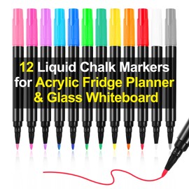 Wet Erase Markers for Acrylic Fridge Planner, Liquid Chalk Markers for Acrylic Calendar, Glass & Mirrors, 12 Vibrant Colors, 1mm Fine Tip