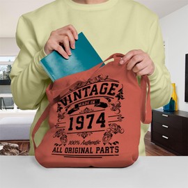 Bang Tidy Clothing 50th Birthday Gifts for Women Men Vintage Original Parts 1974 Funny Tote Bags Present CORAL