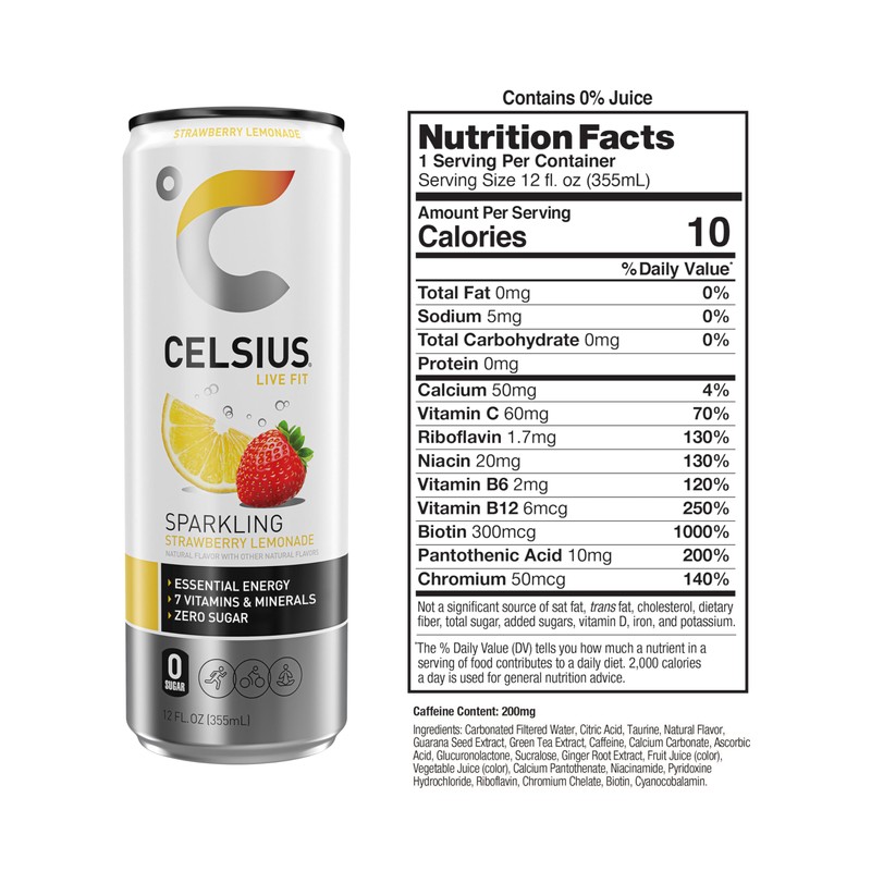 CELSIUS Sparkling Strawberry Lemonade, Functional Essential Energy Drink, 12 Fl