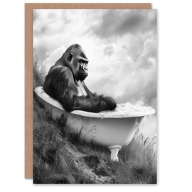 Artery8 Greeting Card Gorilla Bubble Bath Bathtub Black White Surreal Blank For Him Or Her Art Birthday Card
