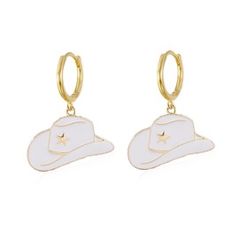 Chanaiqw Enamel Cow Hat Western Earrings for Women Cow Hat Boho Huggie Dangle Earrings Western Drop Earrings for Ladies (White)