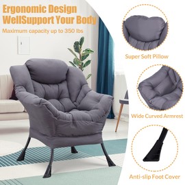 W WARMHOL Lazy Chair Upholstered Single Sofa Chair with Side Pocket, Living Room Modern Velvet Fabric Reclining Armchair, Accent Contemporary Lounge Chair, Single Steel Frame Leisure Sofa Chair (Grey)
