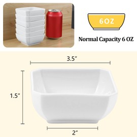 Yedio Square Dipping Bowls Set of 6, 6 Oz Small Porcelain Sauce Bowls for Side Dishes, Appetizers, Snacks, Baking & Dessert, White, Oven Safe