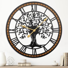 Axioglo 24”Large Wall Clock,Silent Tree of Life Wall Clocks – Non-Ticking Battery Operated Decorative Metal Clock with Wood Frame for Living Room, Kitchen, Bedroom, or Office Wall Decor