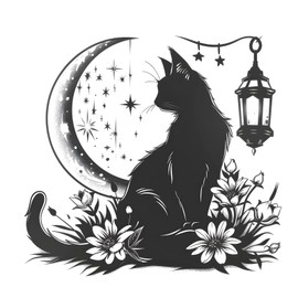 Fenteer Cat Moon Flower Wall Sticker Removable Decal Accessories Decal Decoration Wall Decal for Bedroom Office Living Room Kitchen