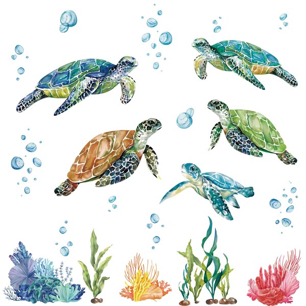 decalmile Wall Sticker Sea Turtles Under the Sea Coral Seaweed Wall Sticker Bedroom Bathroom Children's Room Wall Decoration