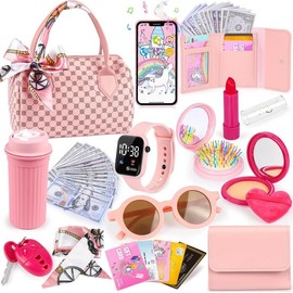 Christmas Play Purse for Little Girls, 32PCS Toddler Purse with Pretend Makeup for Kids, Princess Toys Includes Handbag, Phone, Wristwatch, Silk Scarf Kids Toy Purse Birthday Gift for Girls