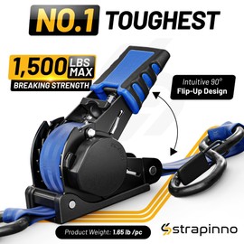 Strapinno Retractable Ratchet Straps 1 in x 10 ft, Secure Tie-Downs with Rubber-Coated Steel Handles, for Motorcycle, Jetski, Kayak, Breaking Strength 1,500LBS/680KG