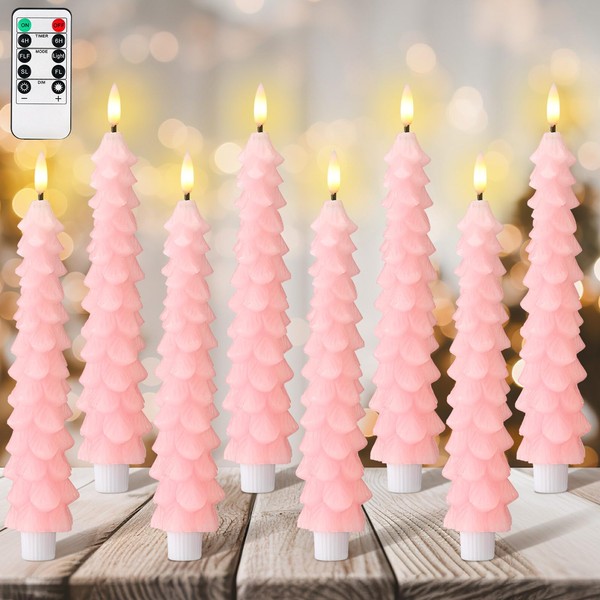 Tujoe Tujoe 8 Pcs Pink Christmas Tree Flameless Taper Candles
