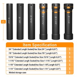 1/2 Inch Drive Extra Deep Long Socket Set, 6PCS Extended Length Impact Socket Set Contains Sizes 3/4", 7/8", 15/16", 1-1/16", 1-1/8", 1-1/4", Specifically Designed for High Torque Applications