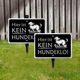 Goodvia Kein Hundeklo Sign with Ground Spike Metal 20 x 30 cm (A4) Brushed Aluminium Surface for Outdoor Use, UV Protection, Waterproof and Rustproof, Black, Pack of 2