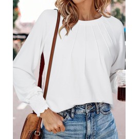 Tunics or Tops to Wear with Leggings White Long Sleeve Shirts for Women 2025 Fall Trendy Dressy Casual Cute Round Neck T Shirts Business Office Clothes Puff Sleeve Going Out Top White M