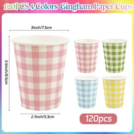 120pcs Light Blue 9oz Gingham Party Paper Drinking Cups, Disposable Plaid Paper Cups Checkered Cups for Wedding Birthday Decoration Fiesta Baby Shower Picnic (4 colors)