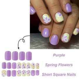 24Pcs Purple Press on Nails Short Square WLGDLH Fake Nails with Purple Yellow Flowers Designs False Nails Full Cover Stick on Nail Spring Glue on Nails Acrylic Nail for Women Daily Wear