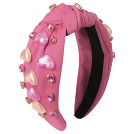 Gmmidea Valentines Knotted Headband for Women Valentine’s Day Gifts Heart Hair Accessories Rhinestone Crystal Red Pink Heart Headband Jeweled Wide Knot Hairband Galentines Day Party Favors