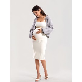MOMANDA Women' s Maternity Skirt High Waist Midi Pencil Skirt with Slit Stretchy Pregnancy Casual White Apricot Medium