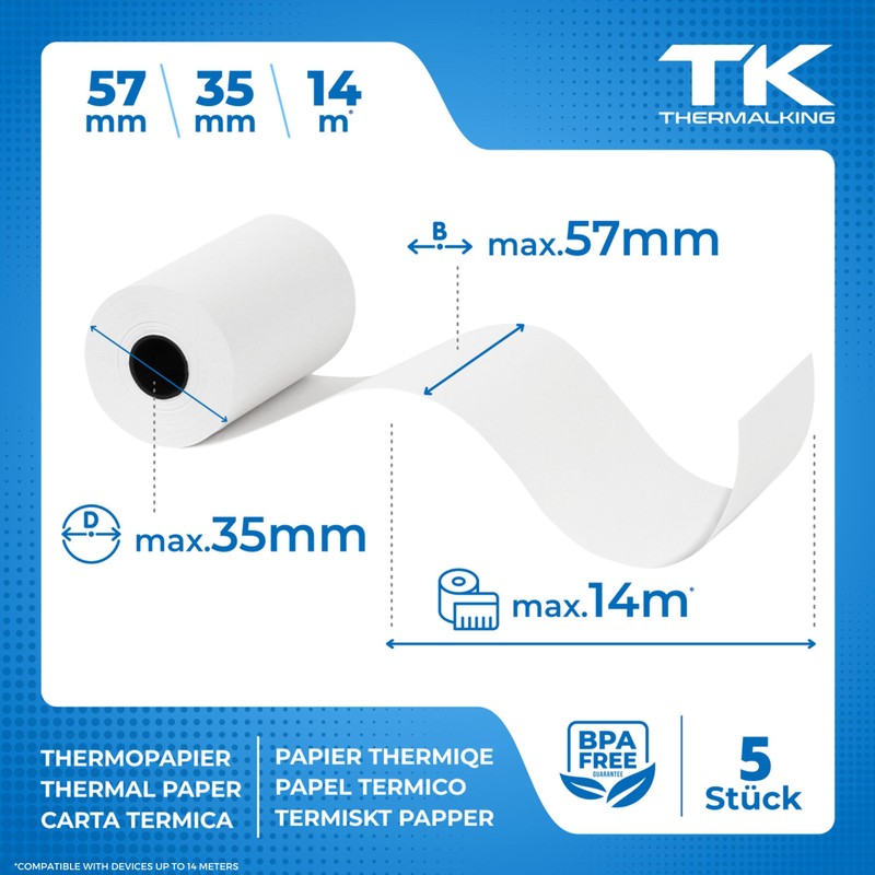 5 x EC Cash Thermal Rolls - Width: 57mm -