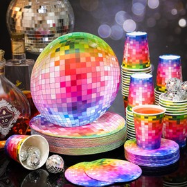 Gerrii 70s Disco Party Supplies Includes 50 Pcs Silver Disco Ball Paper Dinner Plates 50 Pcs Disco Paper Cups 50 Pcs Disco Party Cocktail Napkins for Disco Wedding Party Picnic Travel (Colorful)