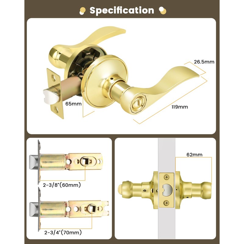 Gobrico--Polished Brass Door Handles Keyless Bedroom Bathroom Door Levers Drop/Wave