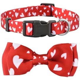 Valentine Dog Collar with Bowtie, Heart Bow Tie, Valentine's for Large, Medium and Small Dogs (Small, Valentine's White Hearts)