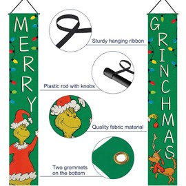 Merry Christmas Hanging Banner Merry Girnchmas Porch Sign Girnch and Maxs Flag Outside Indoor Yard Xmas Theme Party Decor 72 x 12 inches
