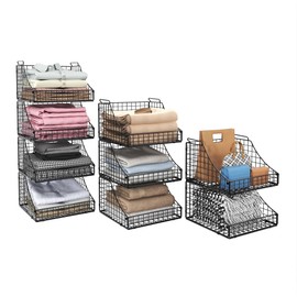 Lyuwanxian 4-Pack Stackable Wire Baskets for Closet and Storage - Open Bins for Clothes, Toys, Snacks - Rustic Metal Shelves in Black
