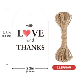 jijAcraft Thank You Gift Tags with String, 50Pcs Love and Thanks with Red Heart, 3.3x2.1 Inch Large White Paper Gift Wrapping Hangtag for Baby Shower, Wedding, Bridal Shower